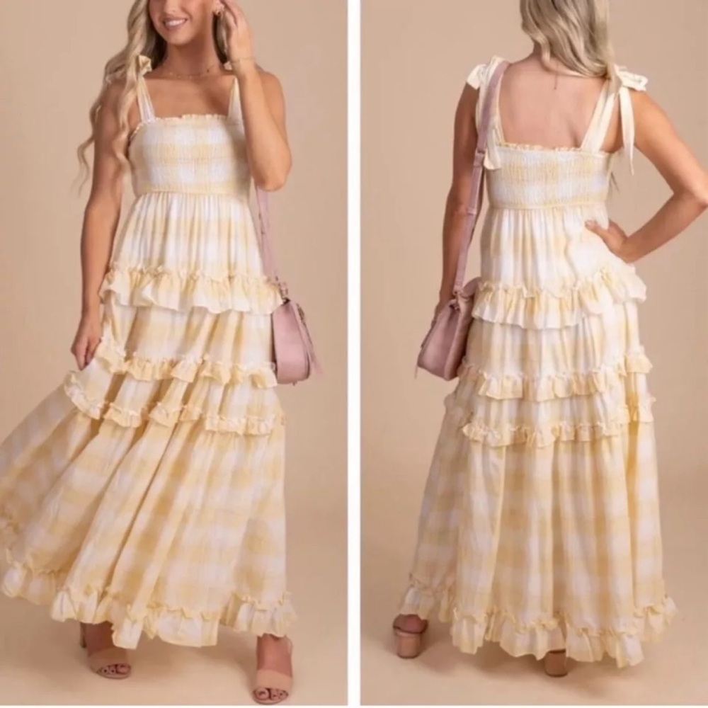 Storia Womens Sunny Days Tiered Plaid Ruffle Smocked Maxi Dress Sz Large Yellow